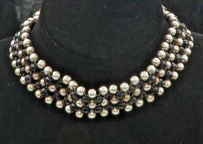 MEXICO 925 Silver  Vintage Heavy Black Hematite Beaded Chain Necklace  NE2948