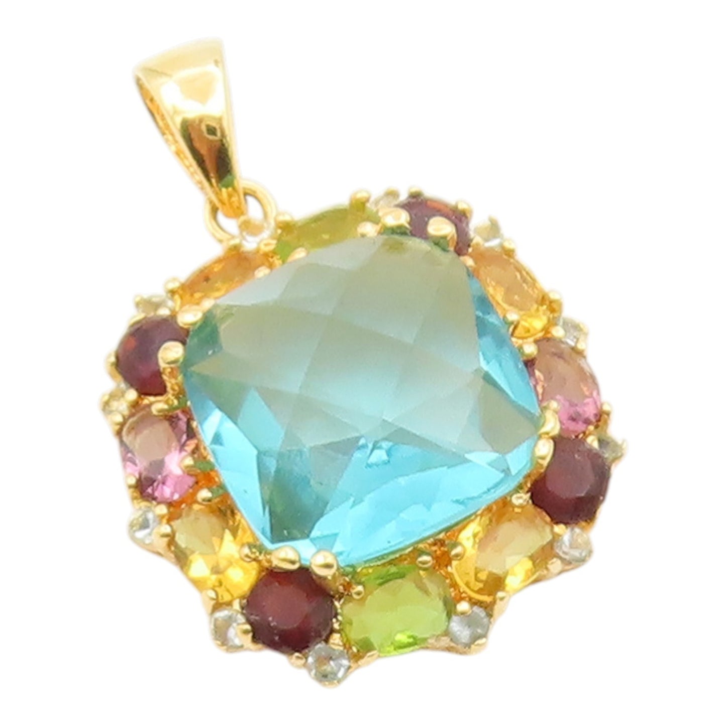 925 Sterling Silver Vintage Pendant Gold Plated Multi Gemstone Charm  PT26213