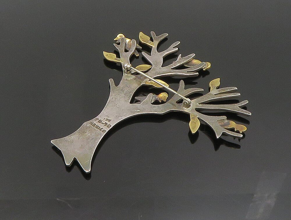 MEXICO 925 Silver  Vintage Two Tone Tree Branch With Birds Brooch Pin  BP9529
