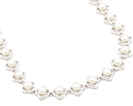 925 Sterling Silver Vintage Necklace White Pearl Elegant Floral Chain  NE4811
