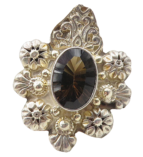 925 Sterling Silver  Smoky Topaz Floral Motif Cocktail Ring Sz 8  RG10109