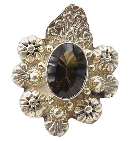 925 Sterling Silver  Smoky Topaz Floral Motif Cocktail Ring Sz 8  RG10109