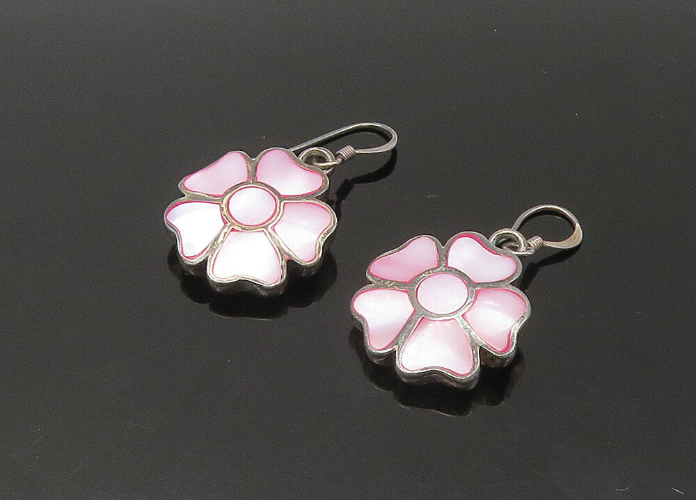 925 Sterling Silver  Vintage Mother Of Pearl Flower Dangle Earrings  EG11055