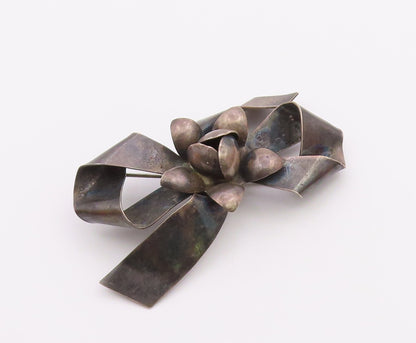 RAFFAELE 925 Sterling Silver  Vintage Oxidized Floral Bow Brooch Pin  BP4693