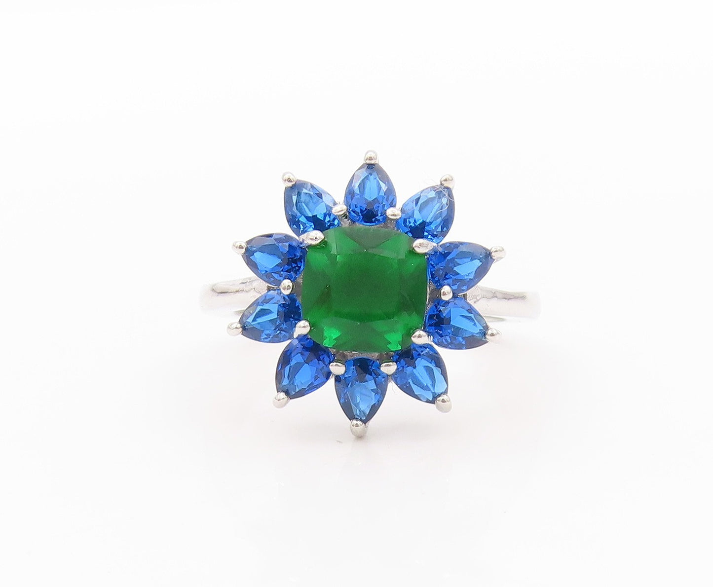 925 Sterling Silver Vintage Ring Green & Blue Gemstone Flower  Sz 7  RG32452