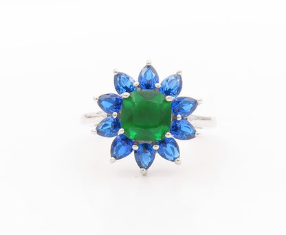 925 Sterling Silver Vintage Ring Green & Blue Gemstone Flower  Sz 7  RG32452