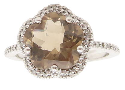 925 Silver  Vintage Flower Cut Smokey Quarts Halo CZ Band Ring Sz 7  RG26815