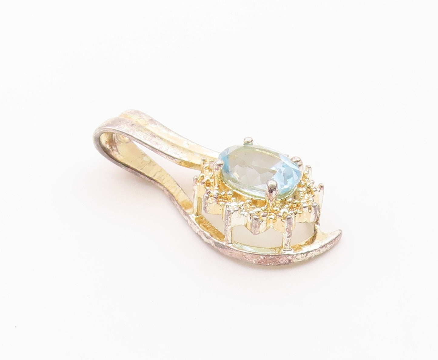 925 Sterling Silver  Vintage Shiny Blue Topaz Floral Motif Pendant  PT17768