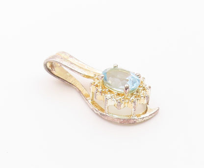 925 Sterling Silver  Vintage Shiny Blue Topaz Floral Motif Pendant  PT17768