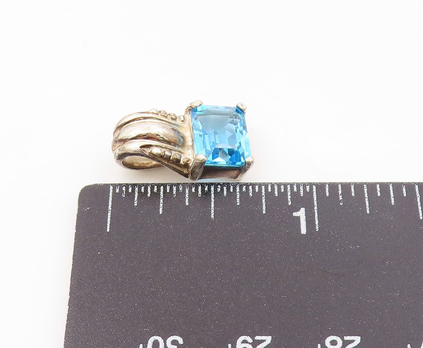 925 Sterling Silver  Vintage Fancy Square Blue Topaz Drop Pendant  PT20986