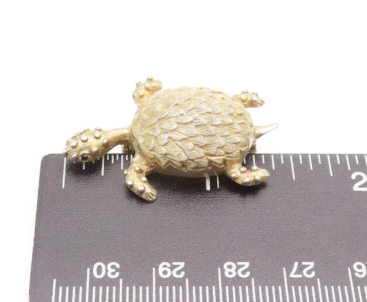EUROPE 925 Silver  Vintage Gold Plated Carved Beaded Turtle Brooch Pin BP10306