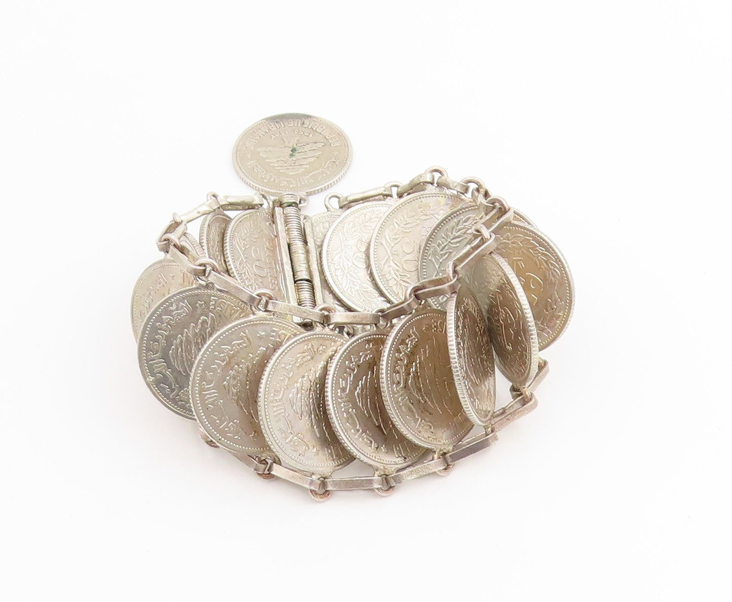 925 Sterling Silver Vintage Bracelet Lebanese Lira Coins Charm Chain  BT11420