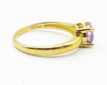 925 Sterling Silver  Amethyst Gold Plated Shiny Solitaire Ring Sz 8  RG11881