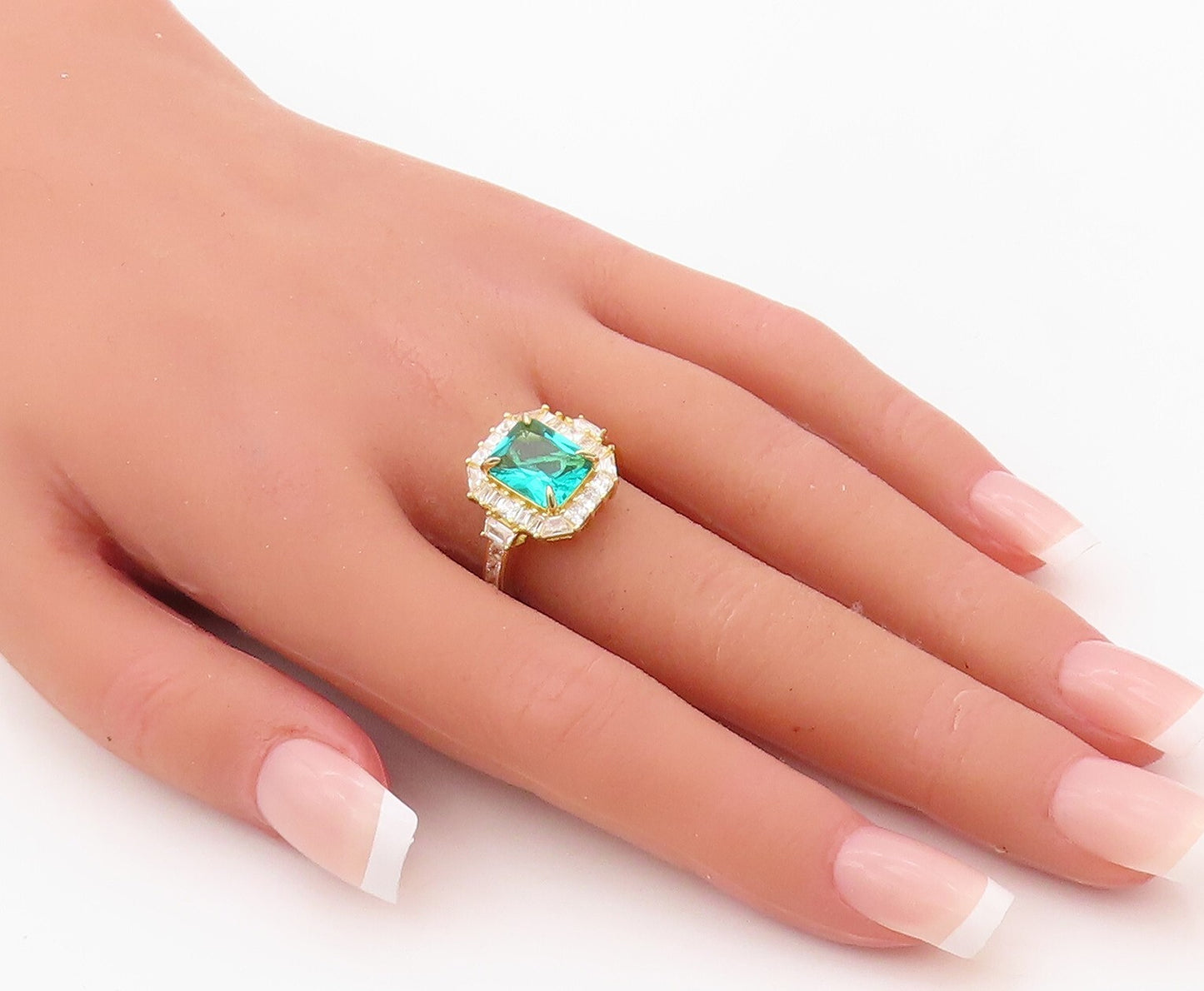 925 Sterling Silver Vintage Ring Gold Plated Sea Green & White CZ Sz 7.5 RG30245