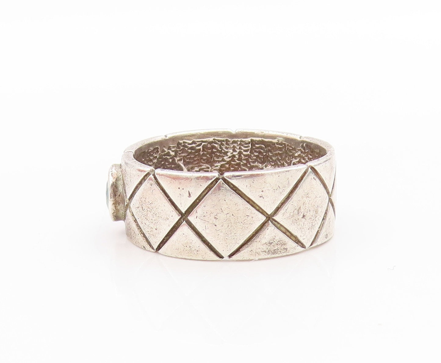 925 Sterling Silver Vintage Ring Topaz Quilted Raised Pattern Sz 7.5  RG33489