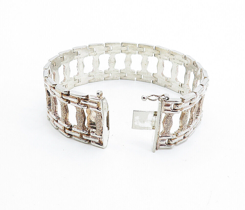 925 Sterling Silver  Vintage Textured Panel Hinge Link Chain Bracelet  BT3122