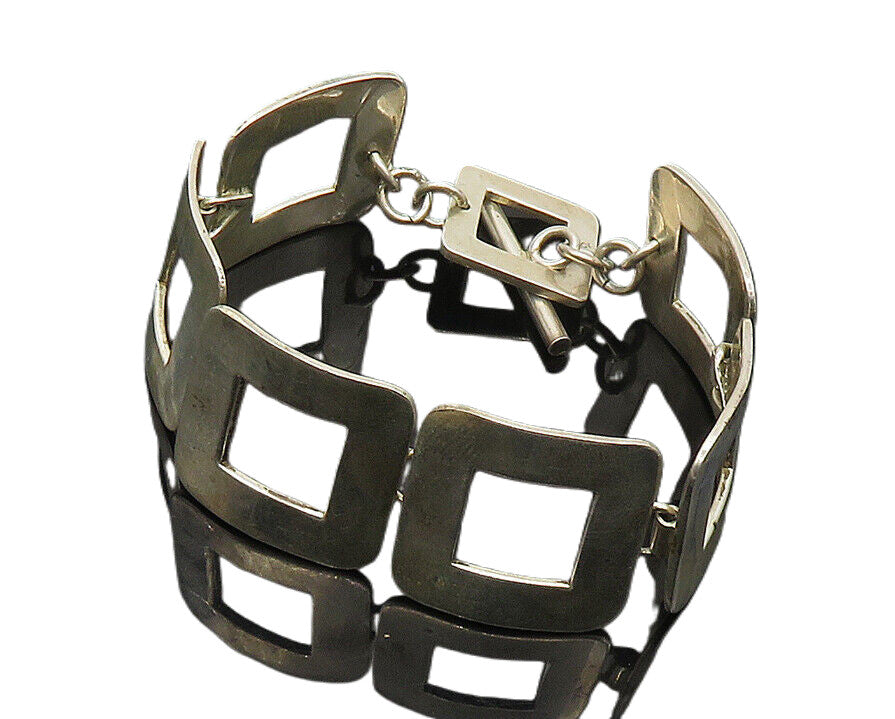 925 Sterling Silver  Vintage Shiny Smooth Open Square Chain Bracelet  BT7158