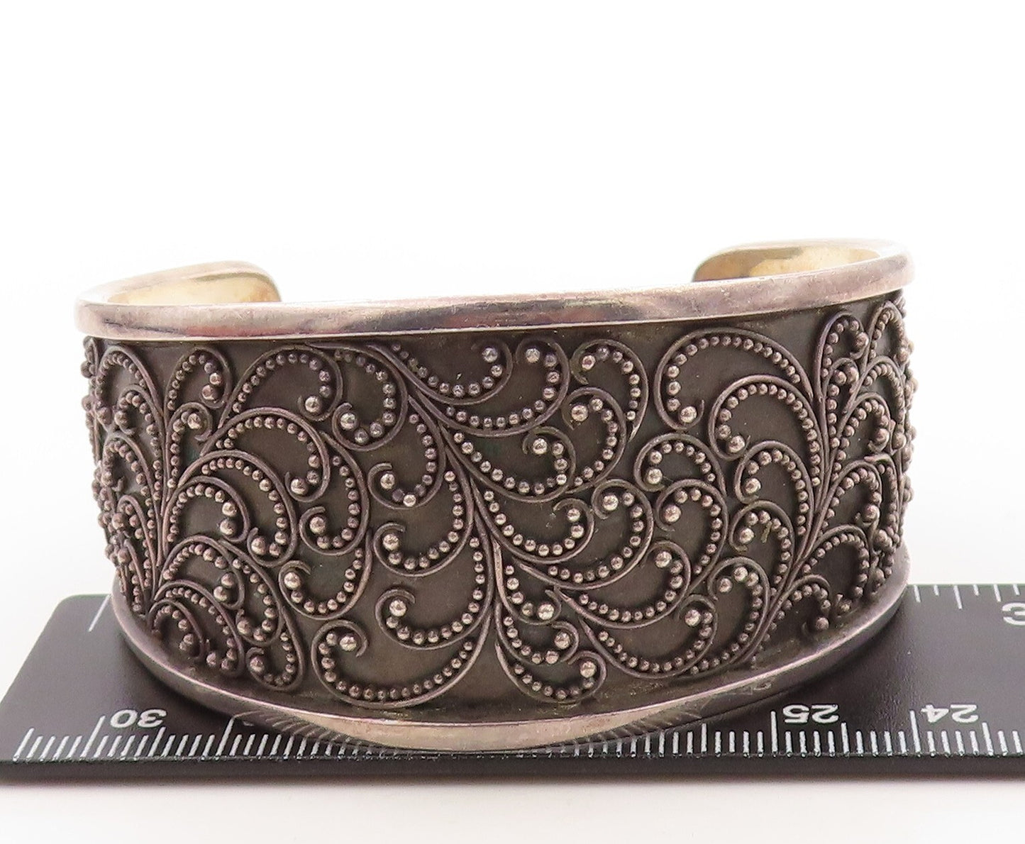 925 Sterling Silver Vintage Bracelet BALI Swirly Beaded Carved Cuff  BT10916