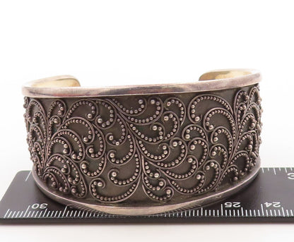 925 Sterling Silver Vintage Bracelet BALI Swirly Beaded Carved Cuff  BT10916