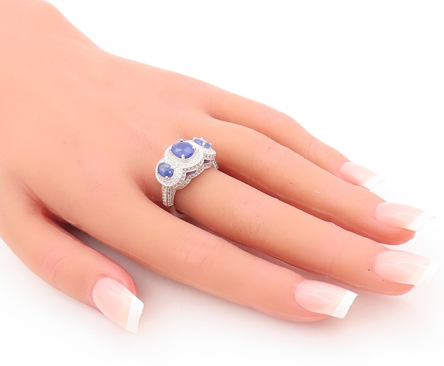 925 Sterling Silver Vintage Ring Tanzanite Halo White Sapphire  Sz 7.5  RG29043
