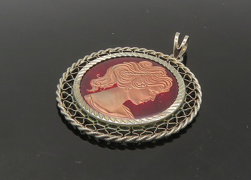 925 Sterling Silver  Vintage Enamel Woman Profile Round Pendant  PT18397