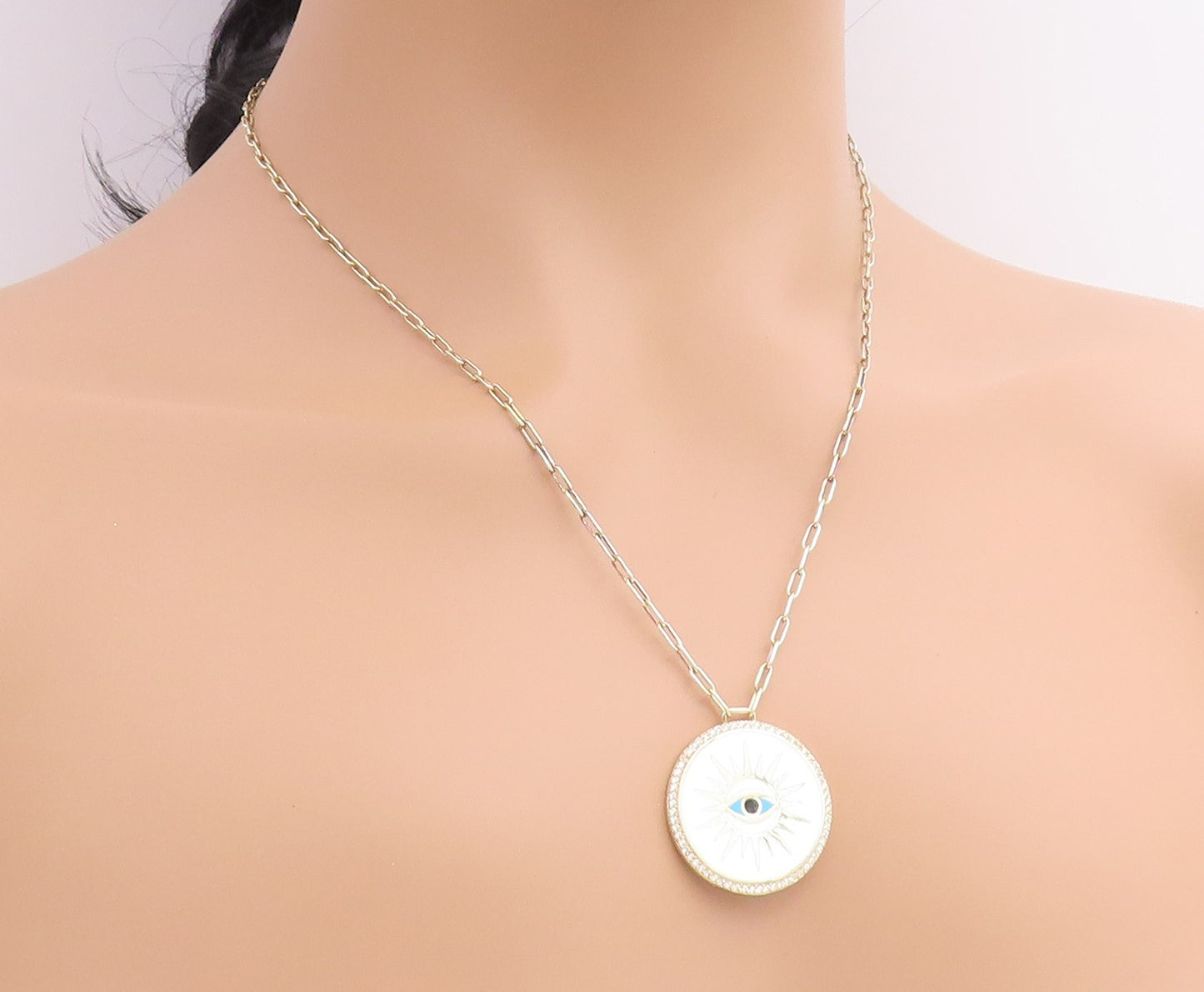 925 Sterling Silver Vintage Necklace Gold Plated CZ Enamel Evil Eye Medal NE4929