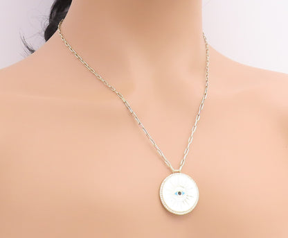 925 Sterling Silver Vintage Necklace Gold Plated CZ Enamel Evil Eye Medal NE4929