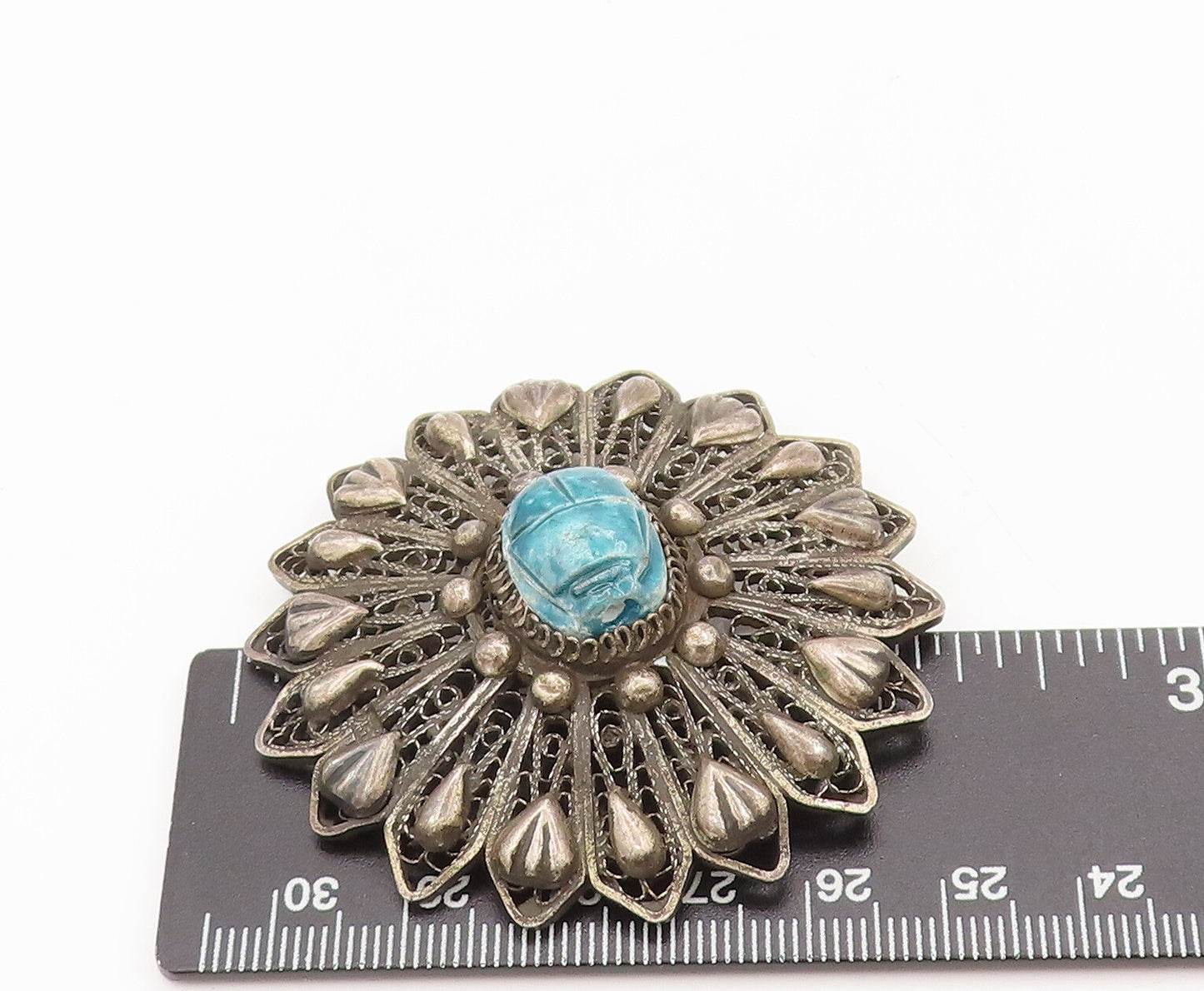 MIDDLE EAST 925 Silver  Vintage Carved Scarab Floral Brooch Pin  BP10307