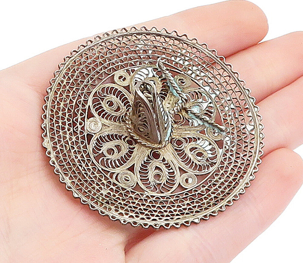 925 Sterling Silver  Vintage Swirl Filigree Sombrero Motif Brooch Pin  BP1975