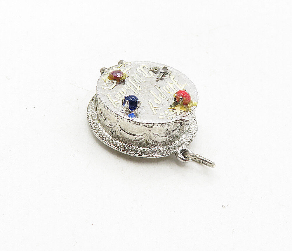 925 Sterling Silver  Vintage Topaz Happy Birthday Cake Pendant (OPENS)  PT7003