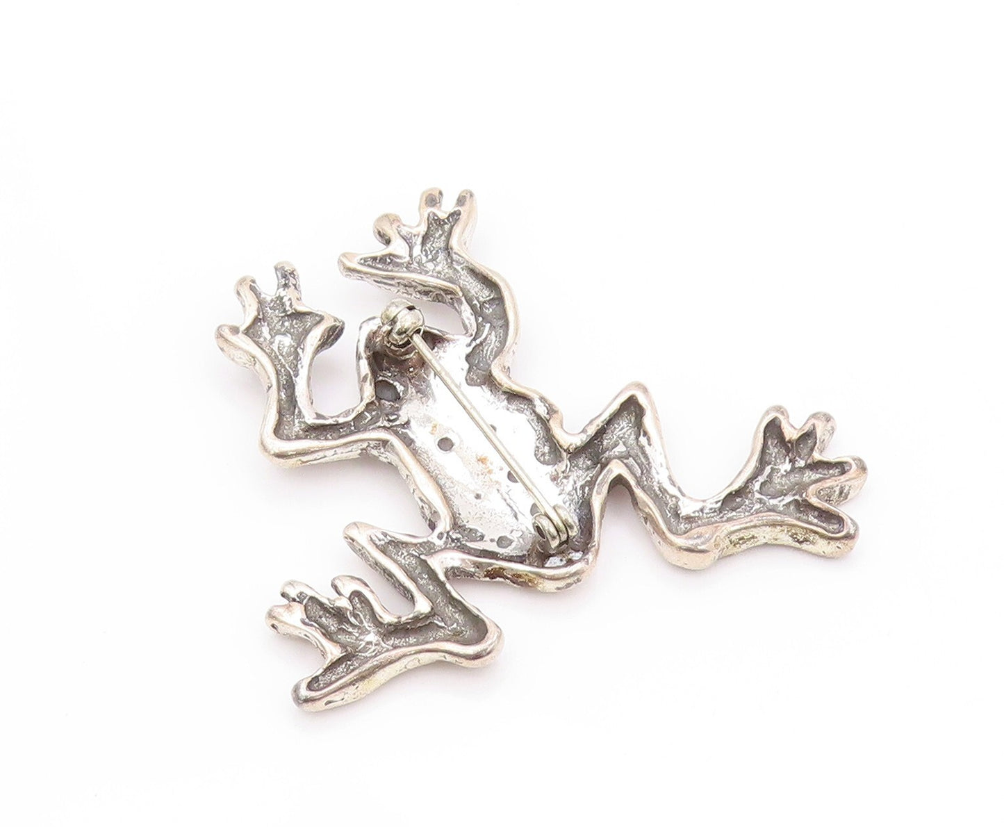 925 Sterling Silver Vintage Brooch Dark Tone Antique Carved Frog  BP11527