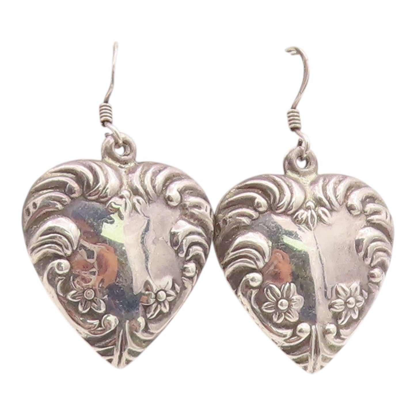 925 Sterling Silver Vintage Earrings Art Nouveau Style Puffy Love Heart  EG14406