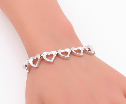 925 Sterling Silver Vintage Bracelet Linked Cutout Hearts Toggle Lock  BT11273