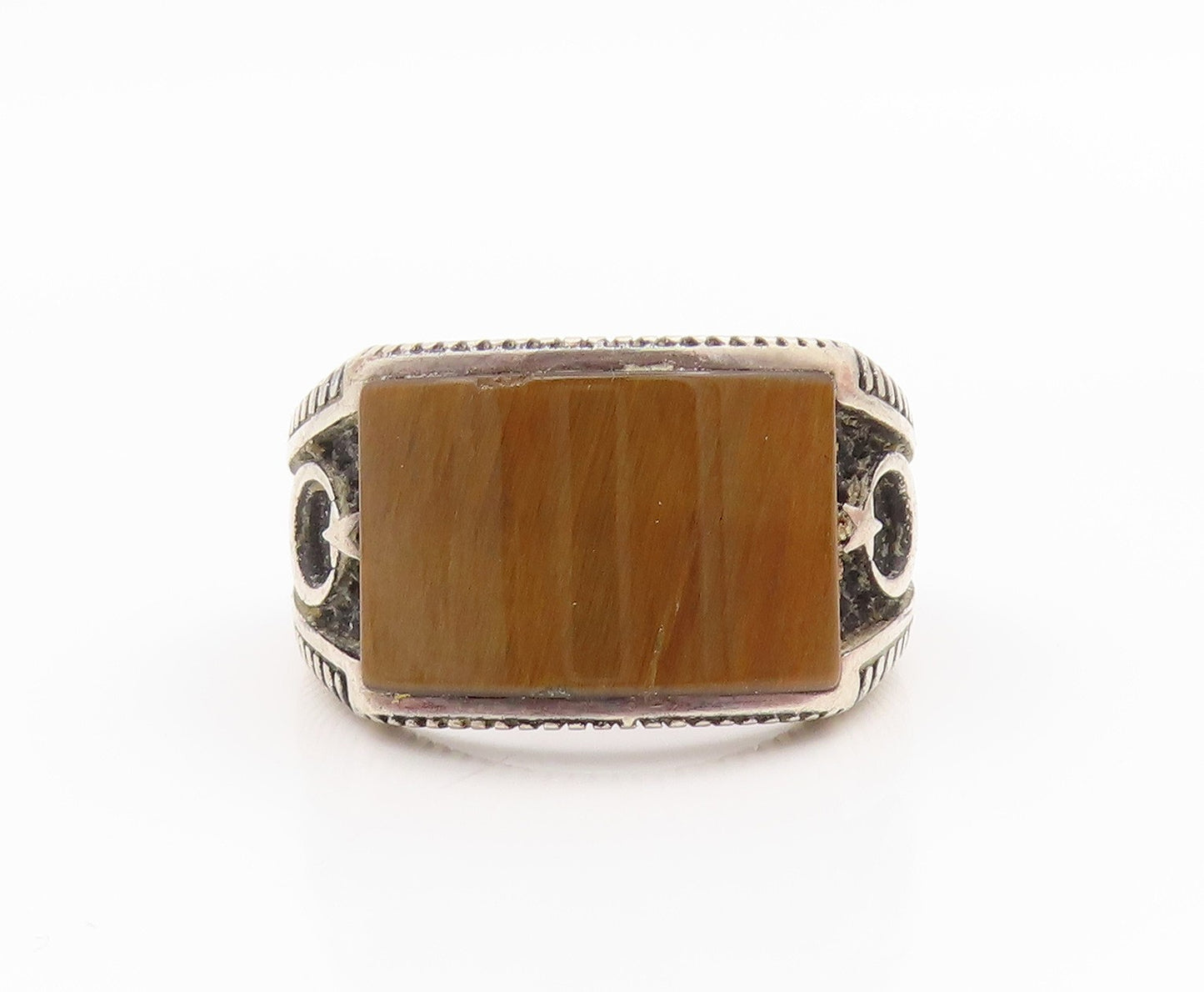 925 Sterling Silver Vintage Ring Tiger's Eye Carved Moon & Star  Sz 11  RG34544