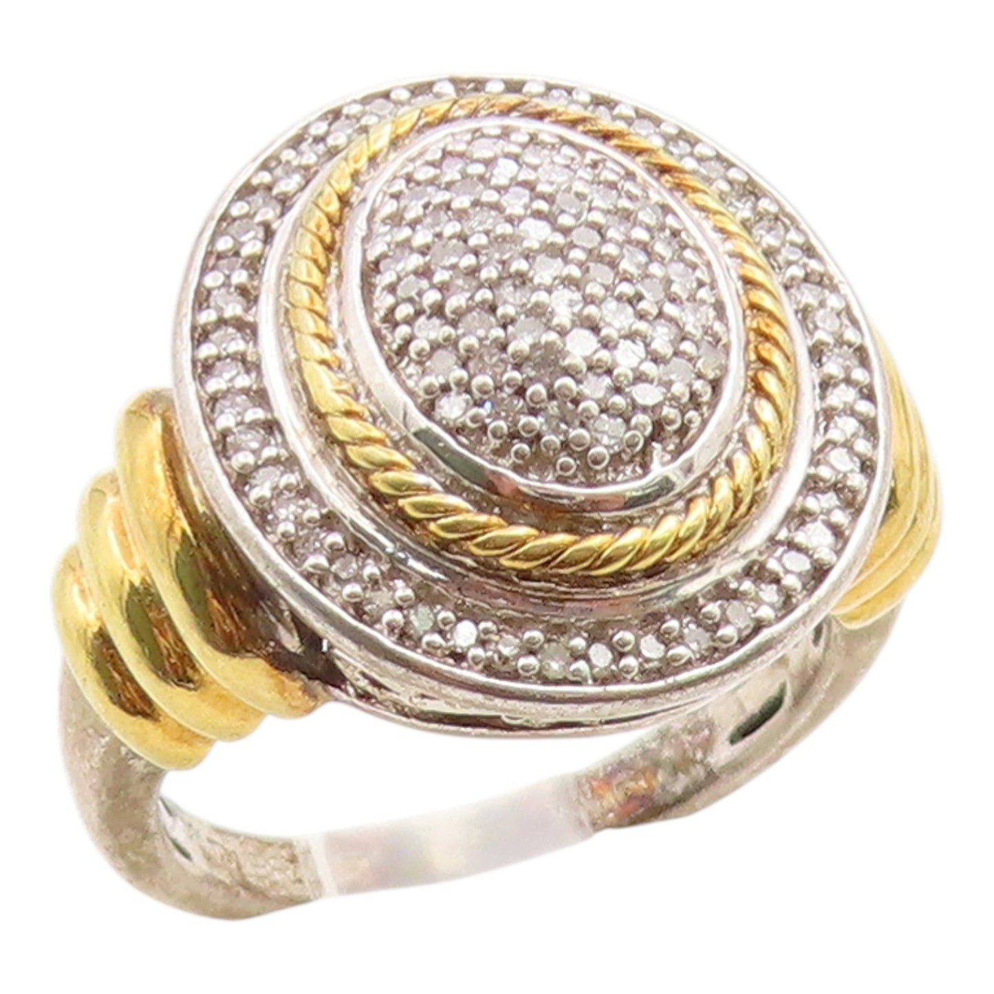 925 Sterling Silver Vintage Ring Two Tone Genuine Diamonds Band  Sz 5  RG36056