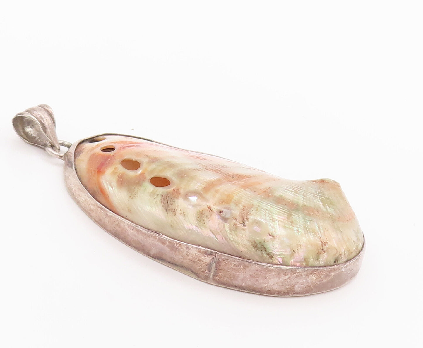 925 Sterling Silver Vintage Pendant Large Solid Orange Mother Of Pearls  PT22750
