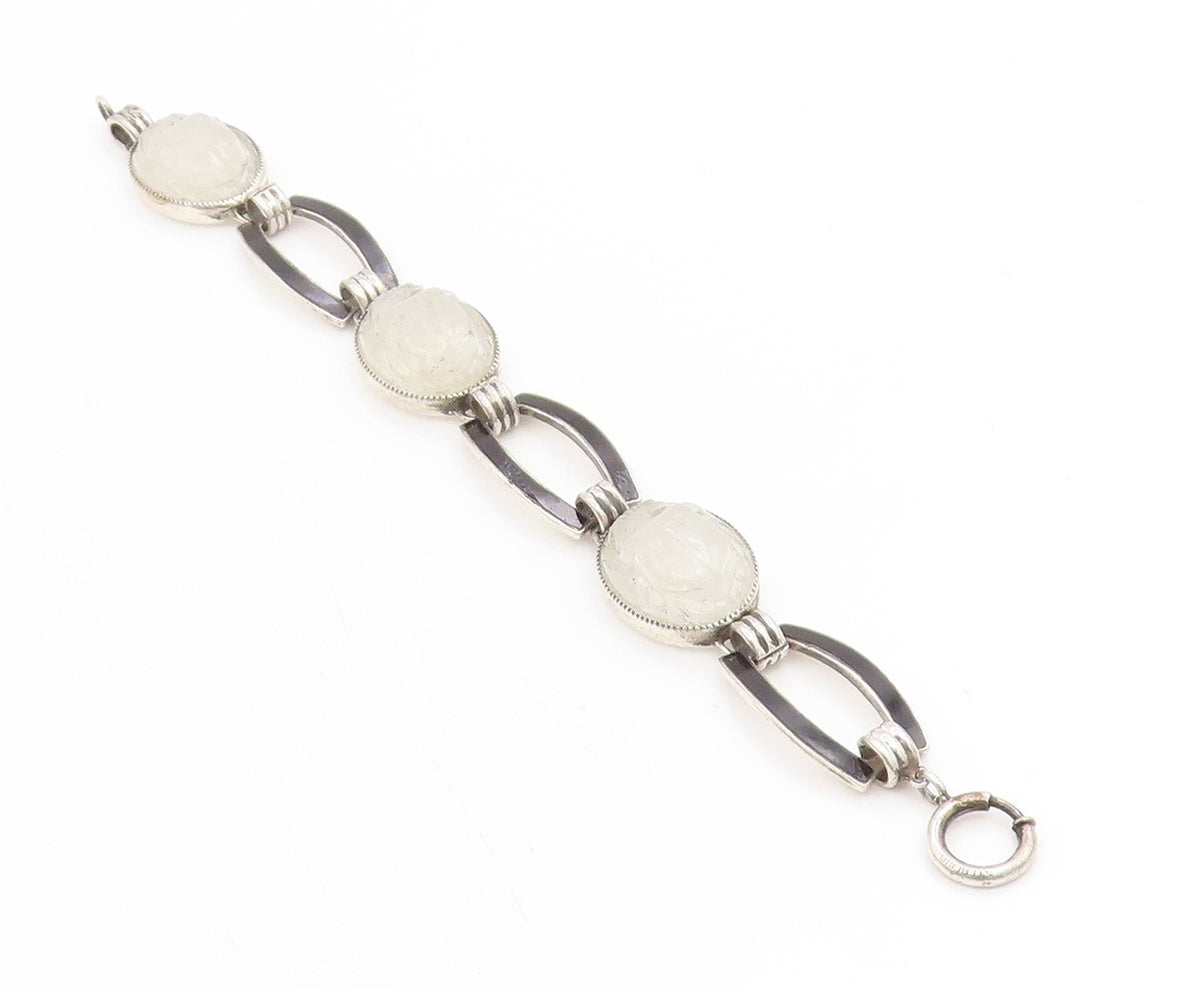 925 Sterling Silver Vintage Bracelet Carved Quartz Classic Panel Link  BT11743