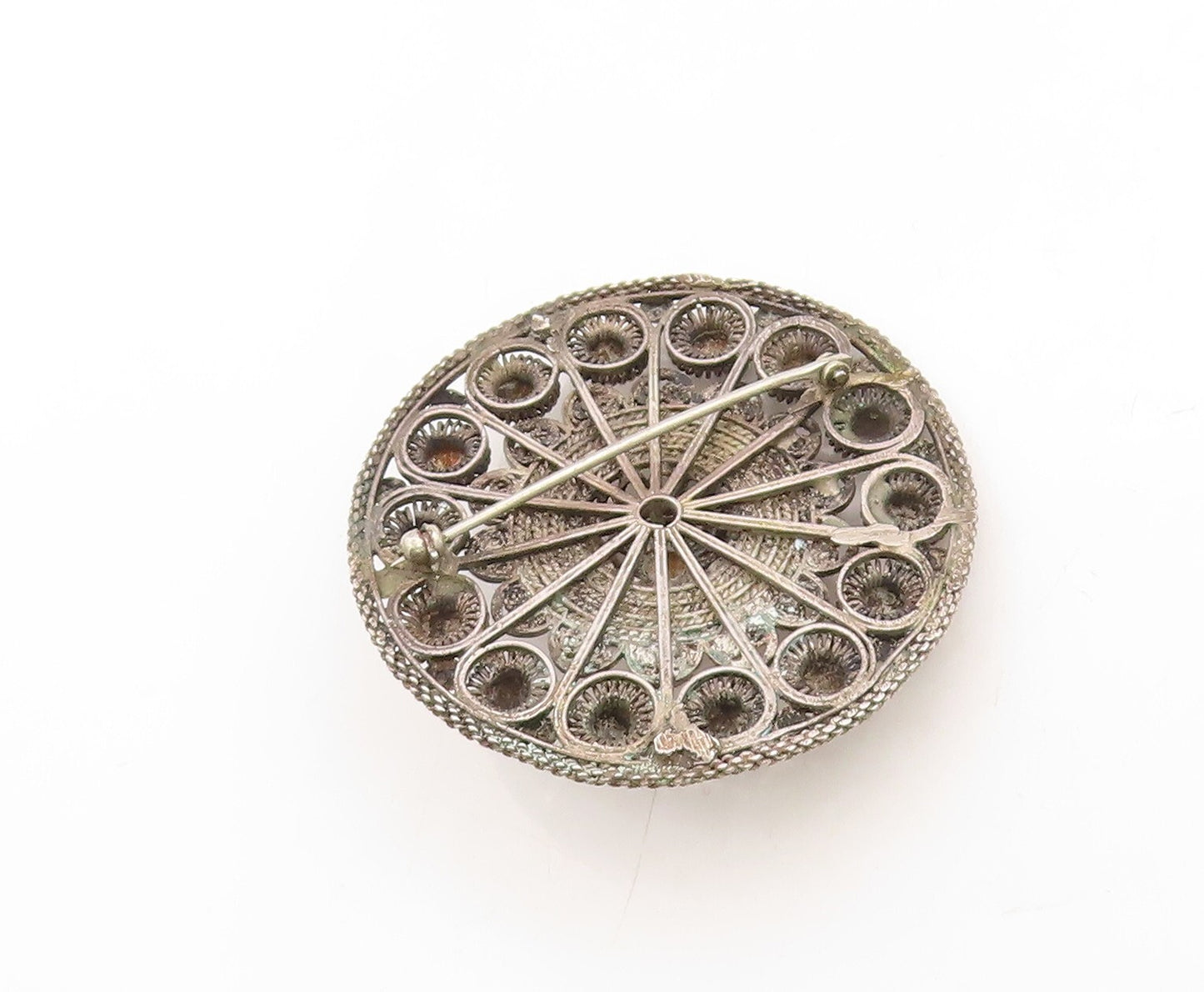 925 Sterling Silver Vintage Brooch Pin Dark Tone Domed Filigree Flower  BP11343