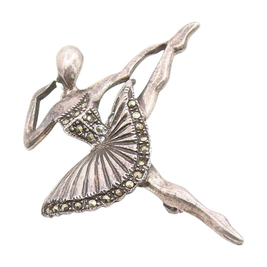 925 Sterling Silver Vintage Brooch Pin Marcasite Ballerina Dancer Charm  BP12368