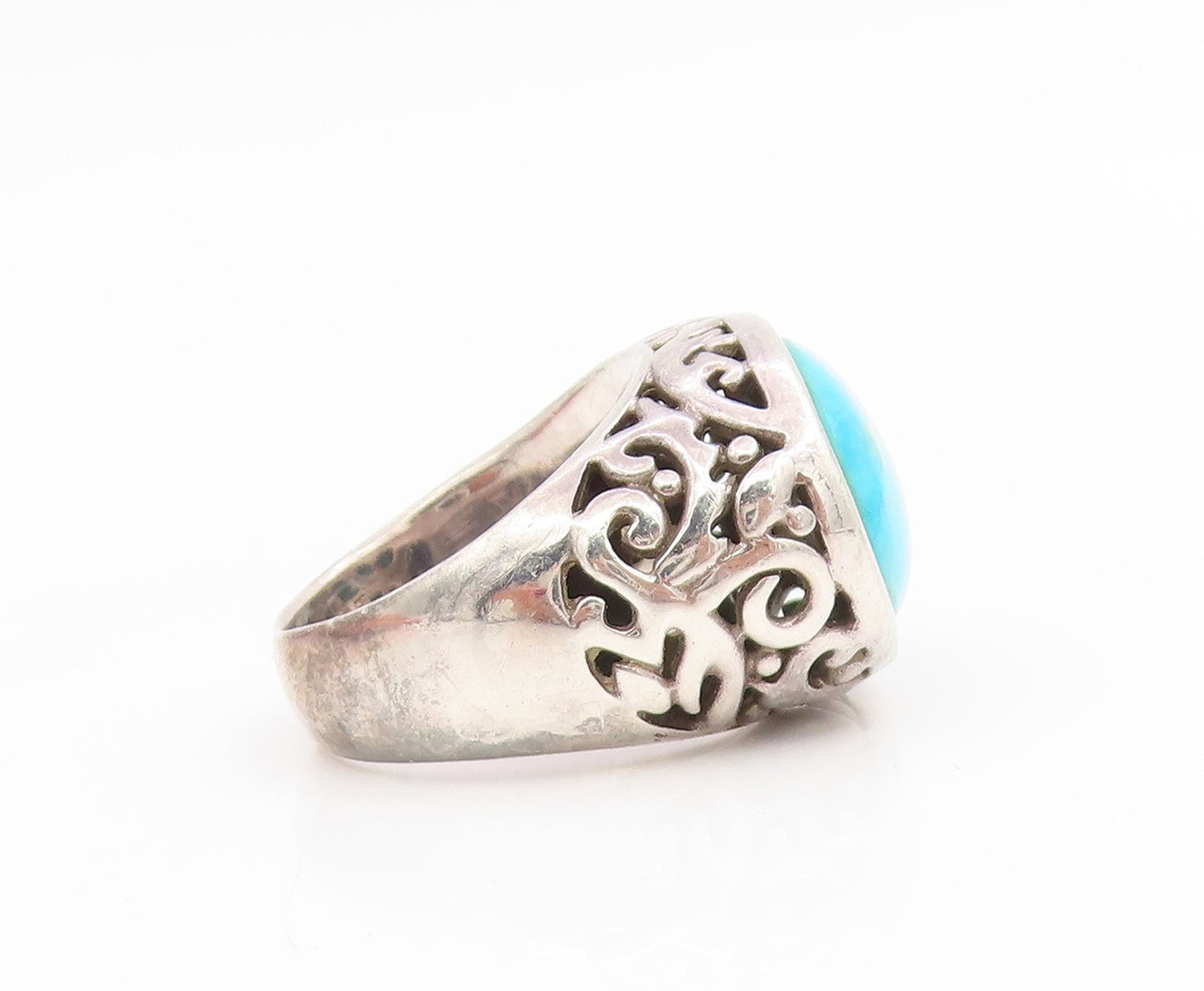 925 Sterling Silver Vintage Ring Oval Turquoise Open Scrollwork  Sz 7  RG34665
