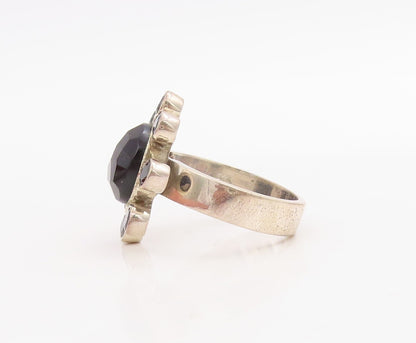925 Sterling Silver Vintage Ring Solid Cutout Onyx Inlay Flower  Sz 7  RG30732