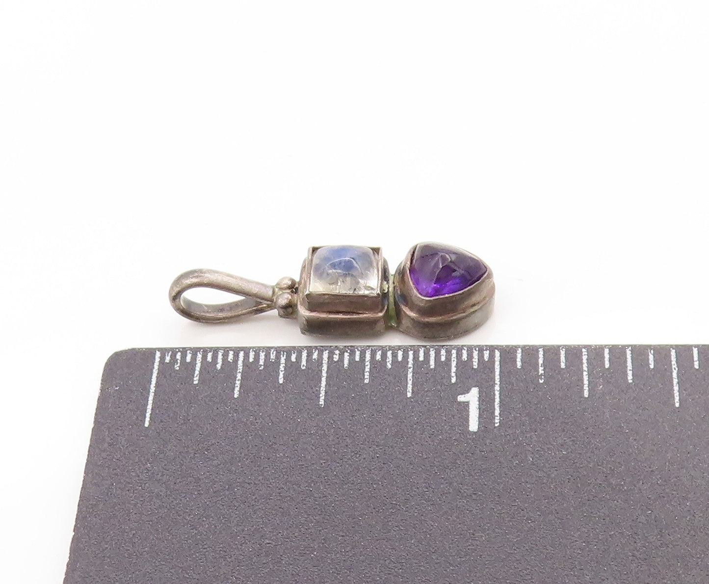 925 Sterling Silver Vintage Pendant Amethyst & Moonstone Bezel Set Charm PT25036