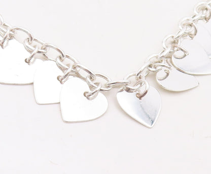925 Sterling Silver Vintage Necklace Designer Carved Dangling Hearts  NE4389