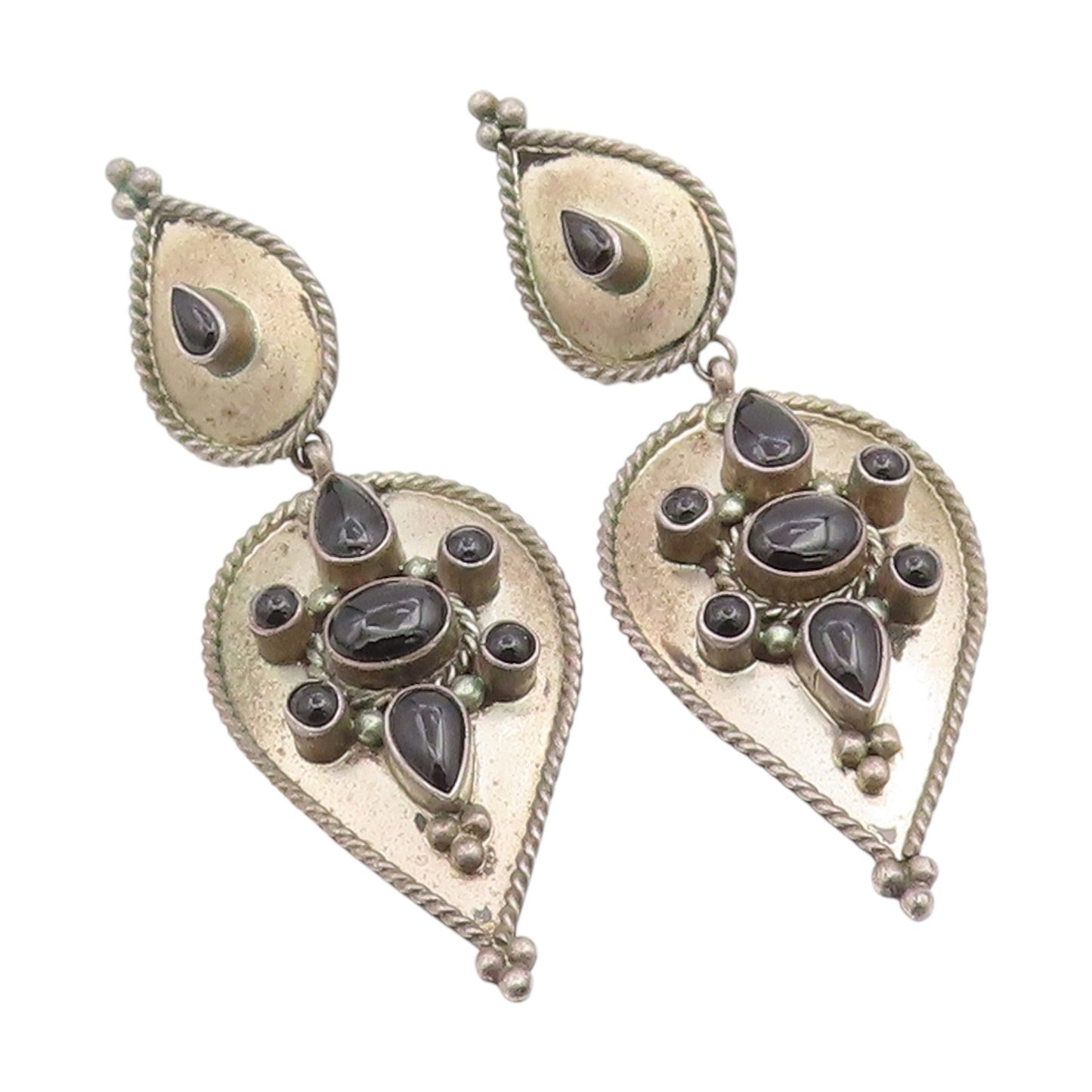 925 Sterling Silver Vintage Earrings Cabochon Onyx Floral Teardrop  EG14134