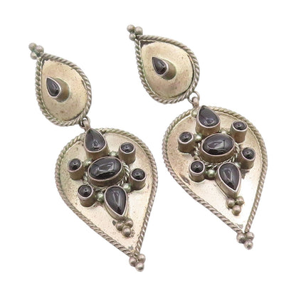 925 Sterling Silver Vintage Earrings Cabochon Onyx Floral Teardrop  EG14134