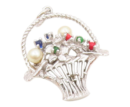 925 Silver Vintage Petite Pearls & Multi Stone Flower Basket Pendant PT18920