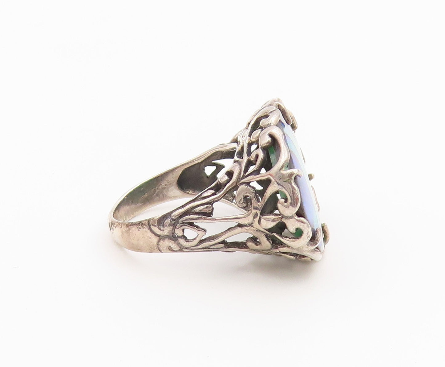 925 Sterling Silver Vintage Ring Classic Abalone Open Scrollwork  Sz 6  RG36503