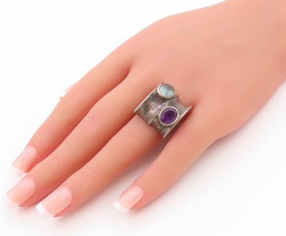 925 Sterling Silver Vintage Ring Dark Tone Amethyst & Topaz  Sz 6.5  RG32338