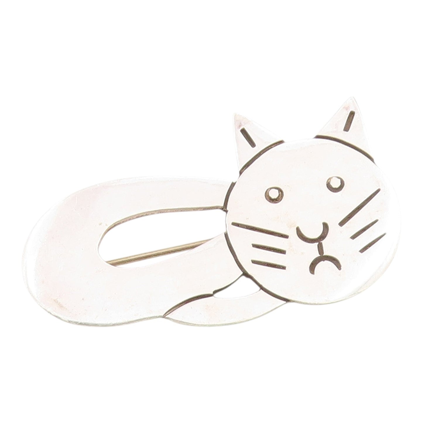 MEXICO 925 Sterling Silver  Vintage Shiny Lying Cat Motif Brooch Pin  BP3282