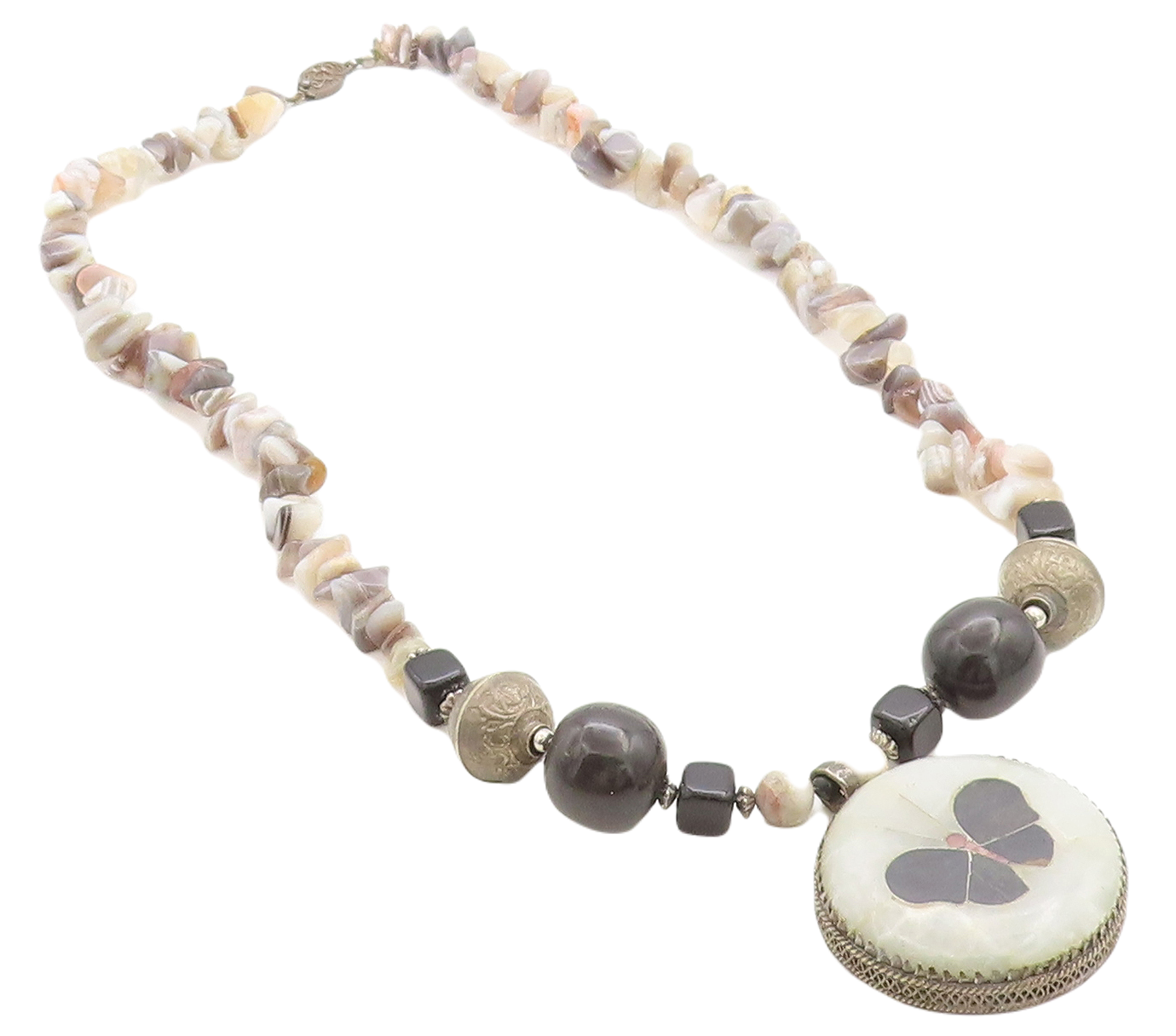 Solid Silver Vintage Multi Gemstone Butterfly Beaded Necklace NE1003